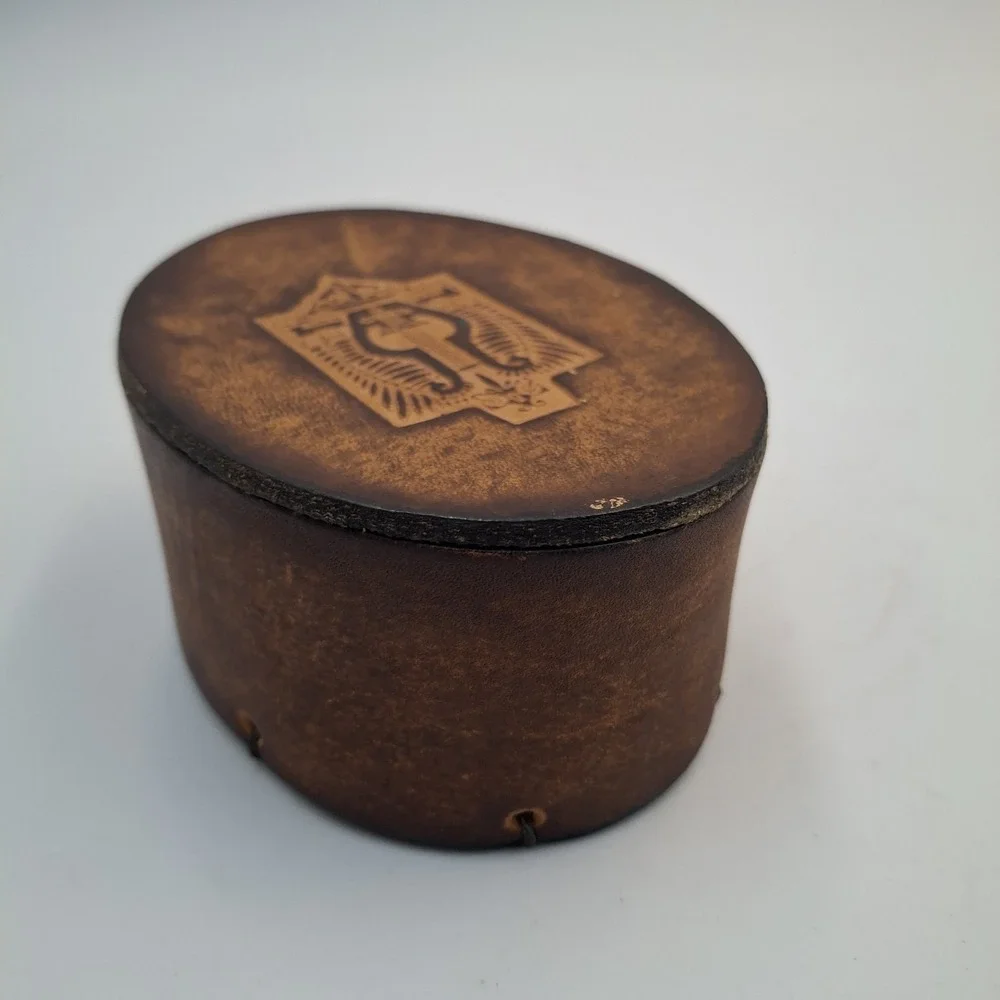 Vintage Leather Trinket Box Embossed Lyre Harp Emblem Red Velvet Lined Biblical